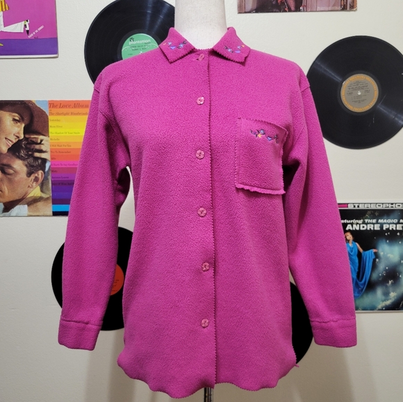 Vintage Magenta Fleece Button-Up Jacket With Flower Designs - Picture 1 of 6